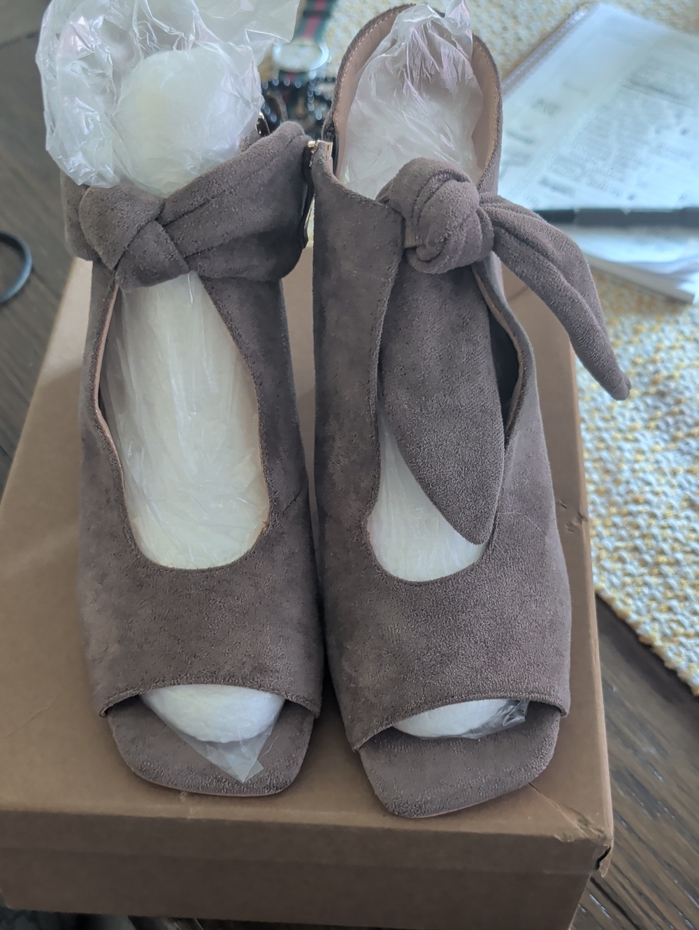 NEW Moommo Women’s Taupe Suede Peep-Toe Knot Ankle Strap Heels